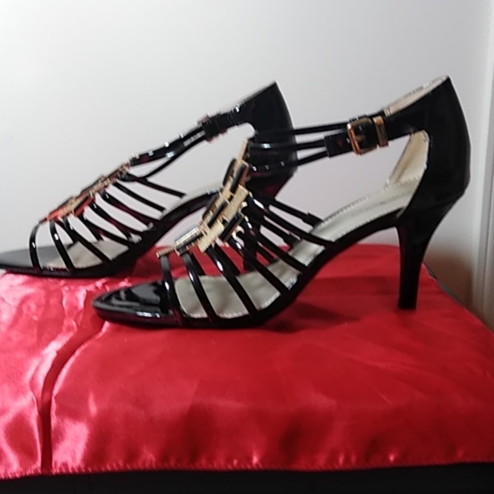 Black with gold  Bandolino 3 1/2" strappy heels